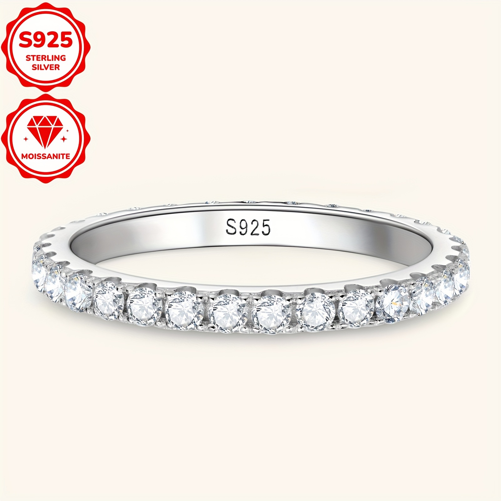 925 Silver Moissanite Stackable Band Ring 2mm 0.03ct Size 4-10
